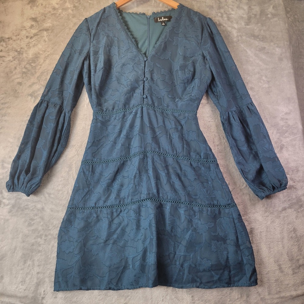 Lulus Teal Blue Floral Cocktail Mini Dress Long Balloon Sleeve V-Neck Size S - Picture 10 of 10